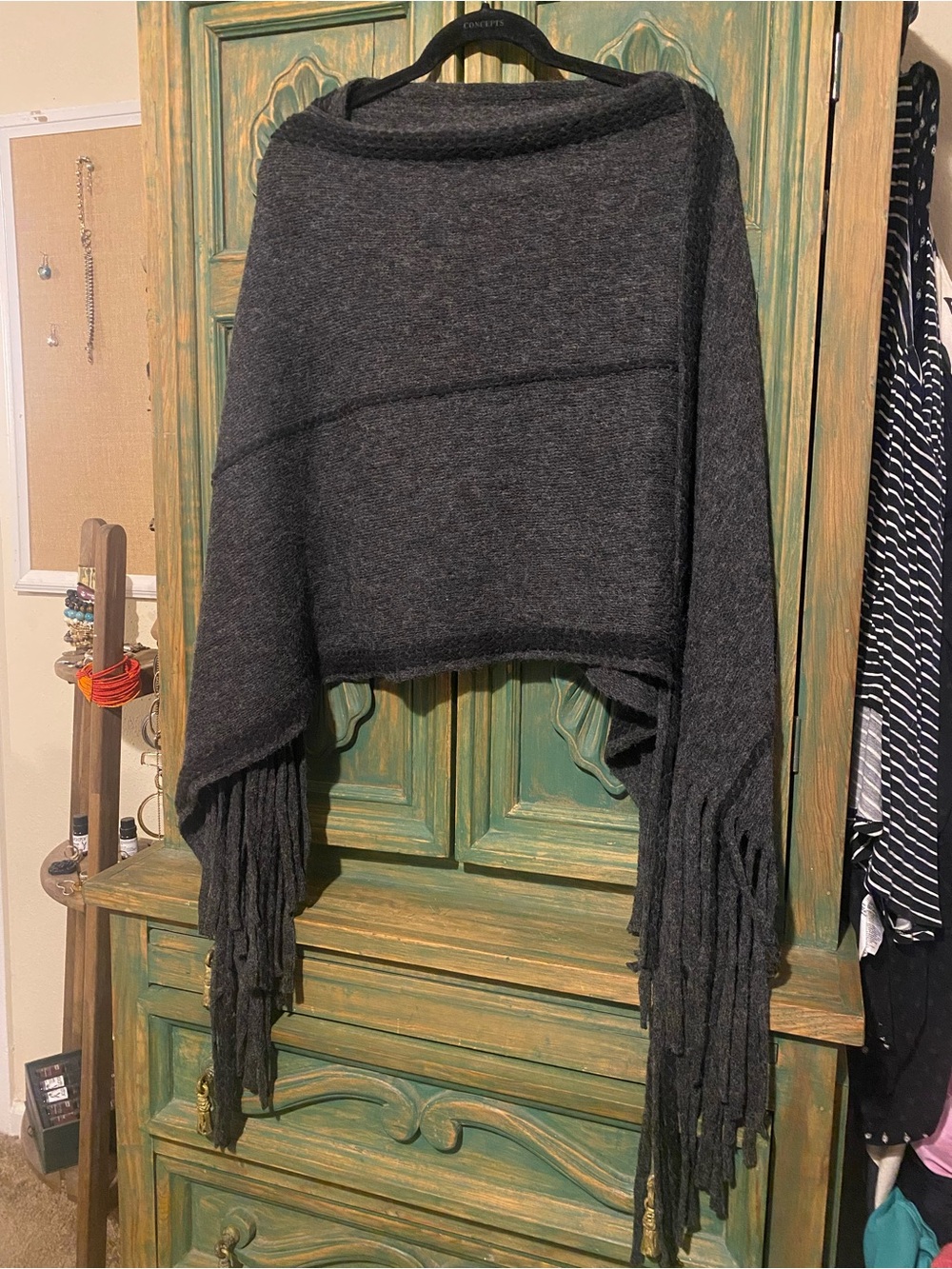 Charcoal Fringe Knit Poncho Wrap - Brand Unknown
